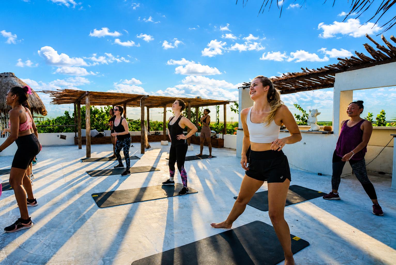 Sunset rooftop fitness class at Amansala